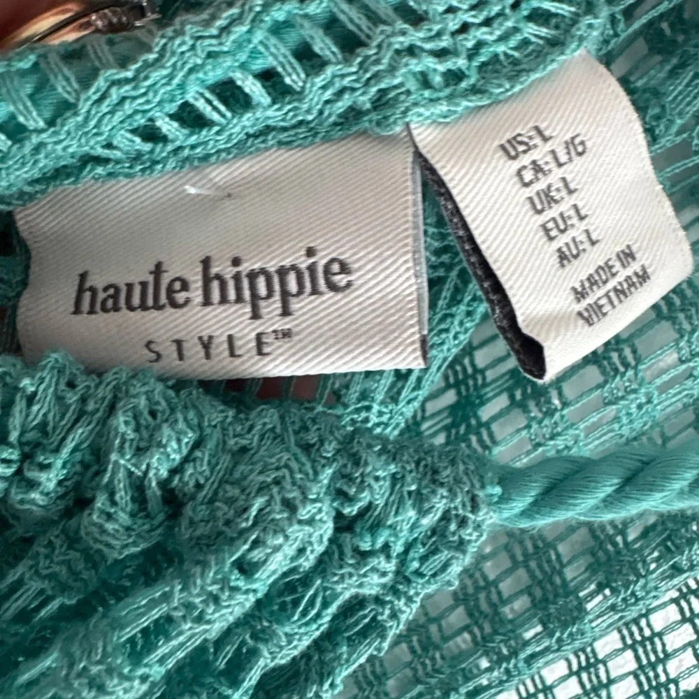HAUTE HIPPIE GREEN MESH CROCHET DRESS SWIMSUIT BEACH POOL COVER UP COVERUP SZ L - Picture 5 of 7